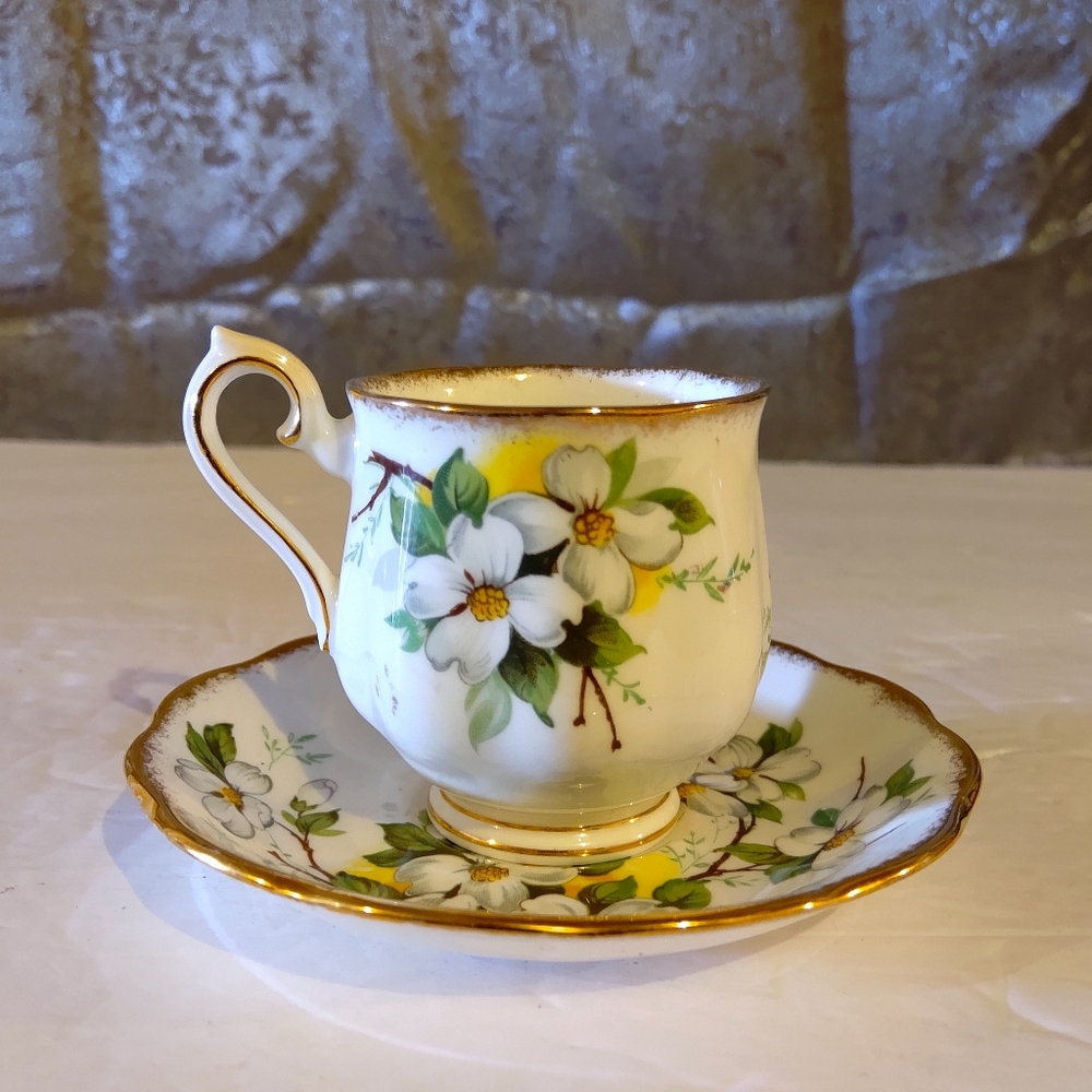 Royal Albert Coffe Cup & Saucer, White Dogwood Pattern,Hampton Shape, Go…